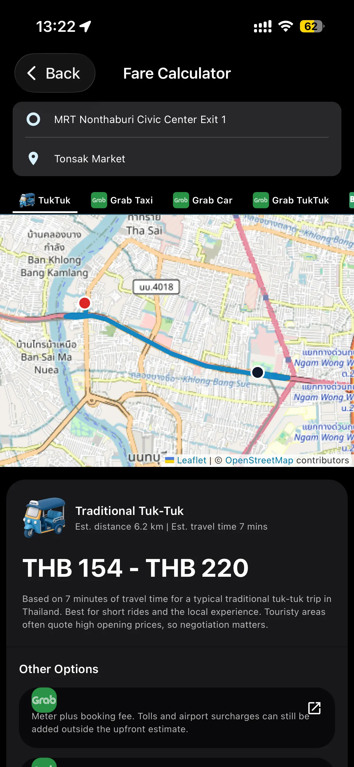 MestoGo fare calculator showing a route map and tuk-tuk estimate