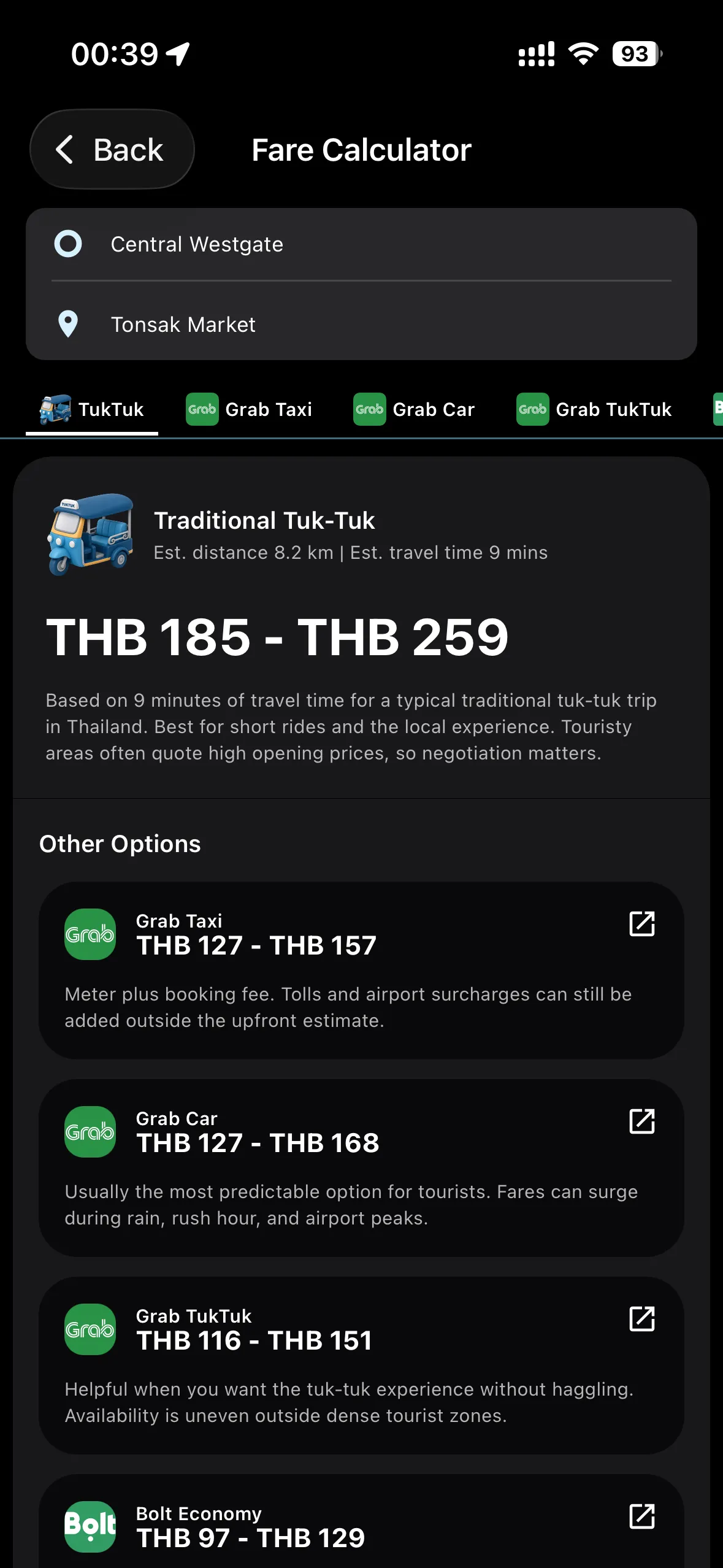 MestoGo fare calculator comparing tuk-tuk, Grab, and Bolt options