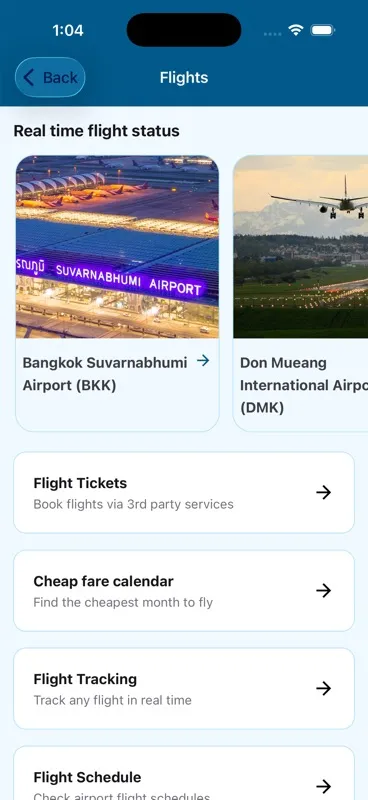 MestoGo flights screen with airport cards and live flight tools