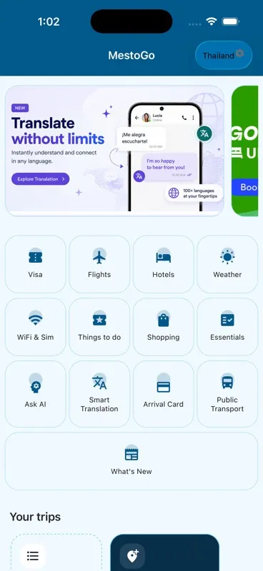 MestoGo Thailand home dashboard with travel categories