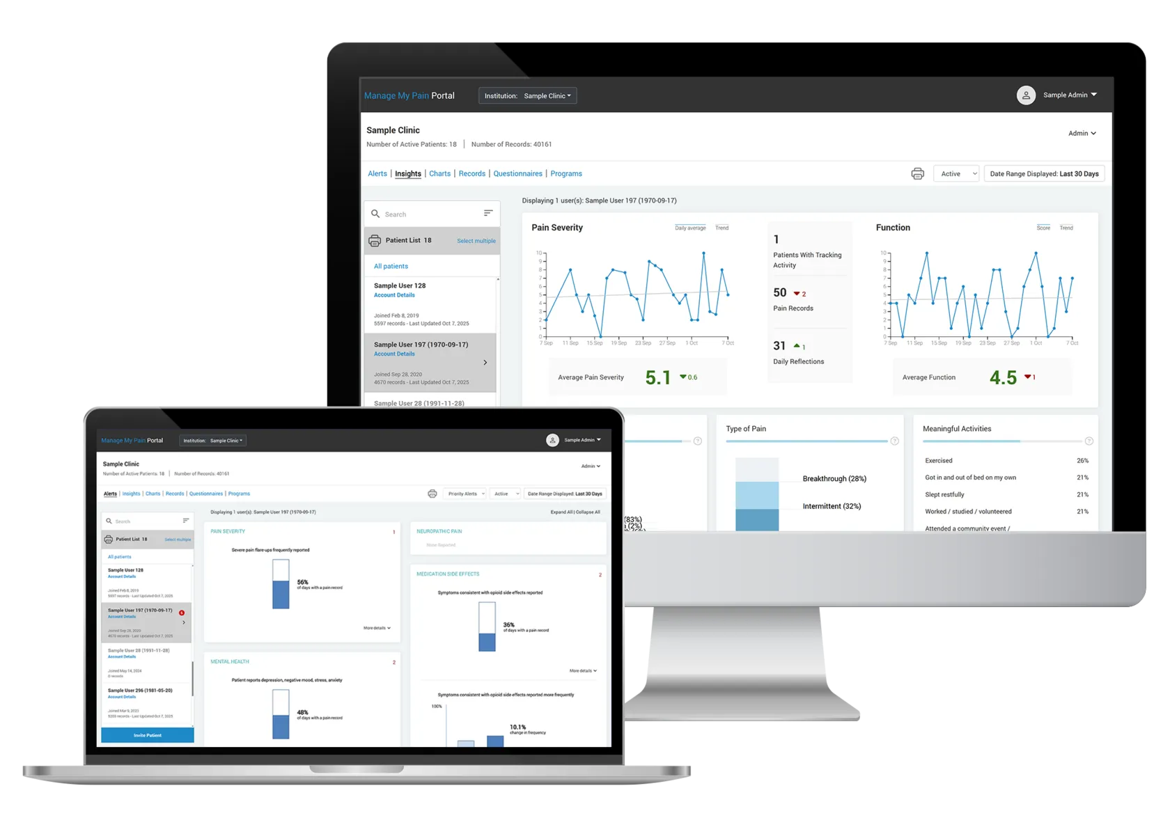 Manage My Pain screens showing the patient-facing pattern and review experience.