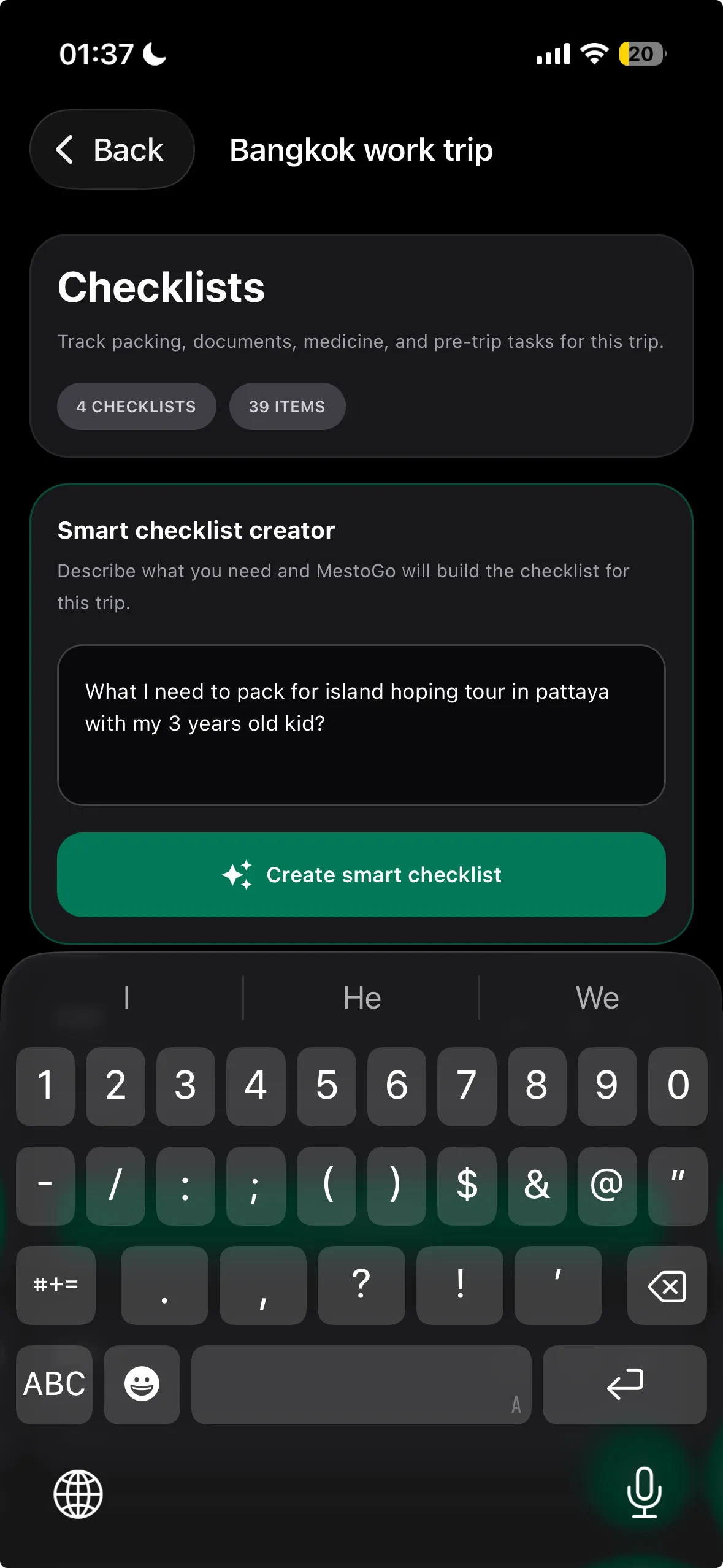 MestoGo Smart Checklist Creator using a family island-hopping prompt