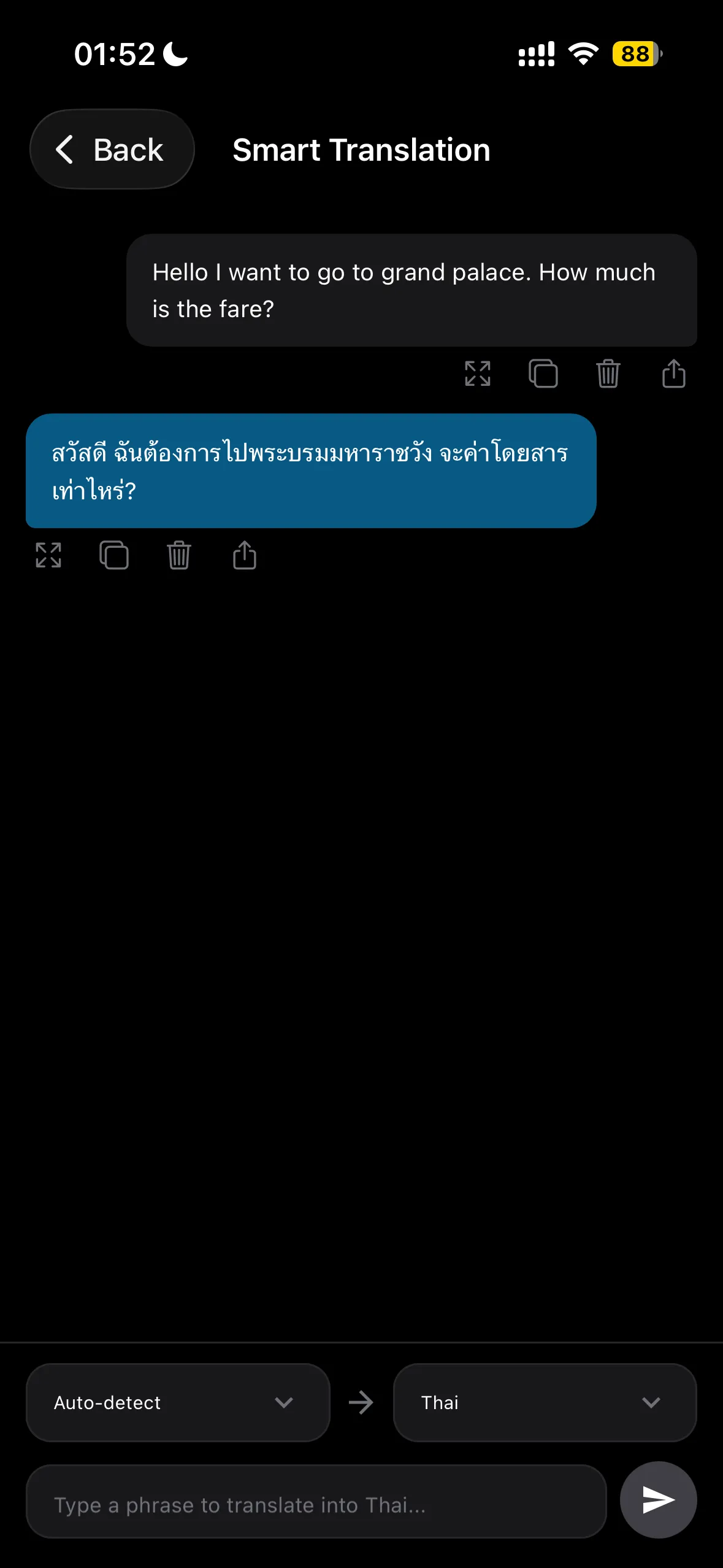 MestoGo Smart Translation translating an English travel question to Thai