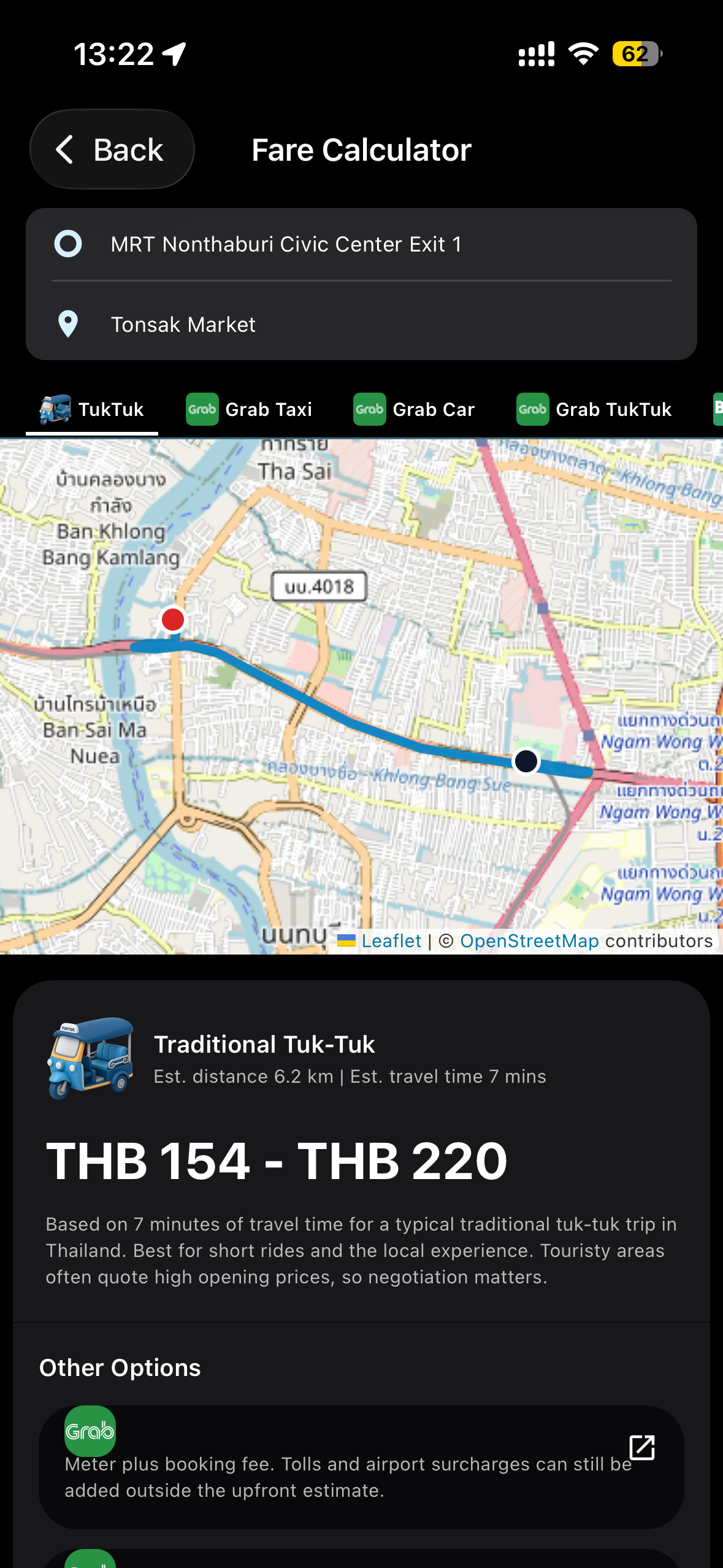 MestoGo fare calculator showing a route map and tuk-tuk estimate