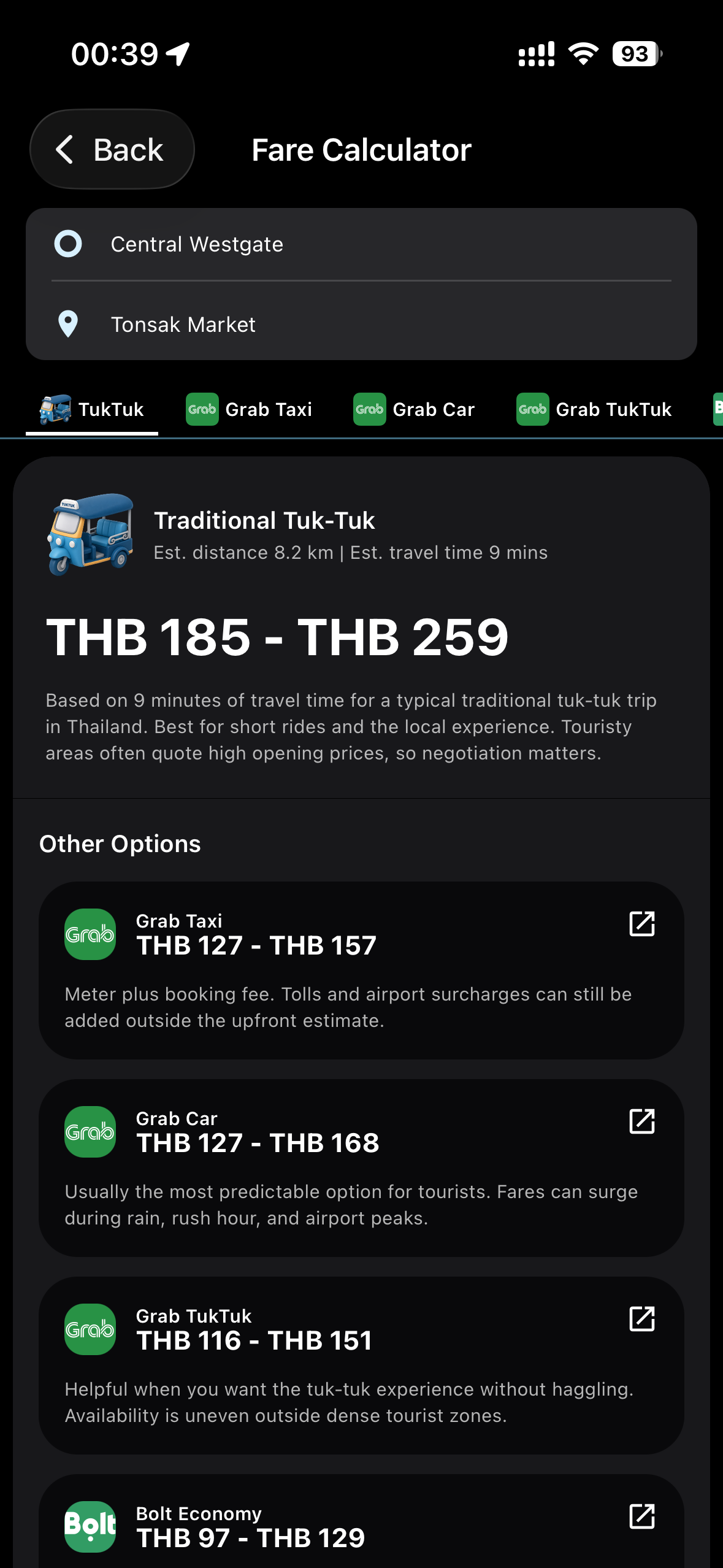 MestoGo fare calculator comparing tuk-tuk, Grab, and Bolt options