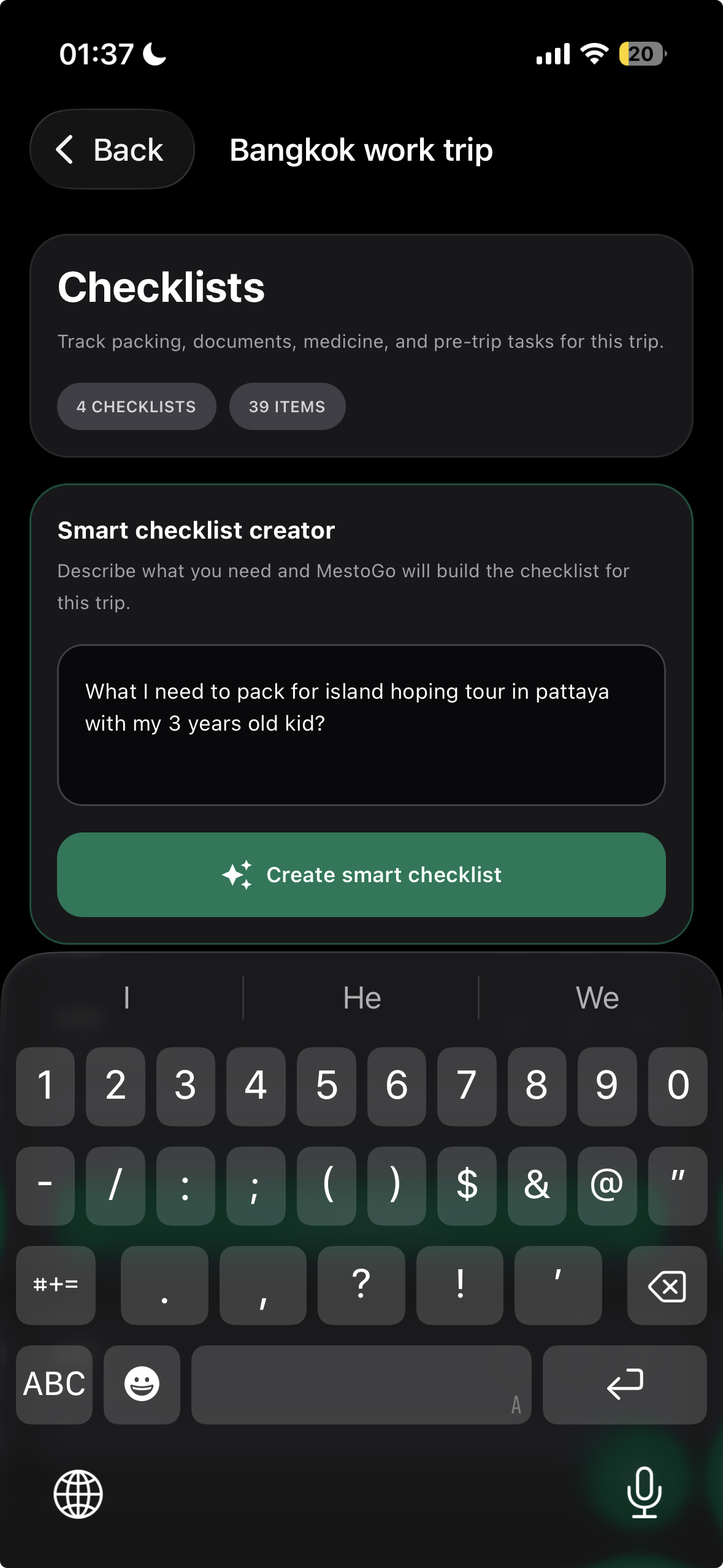 MestoGo Smart Checklist Creator using a family island-hopping prompt